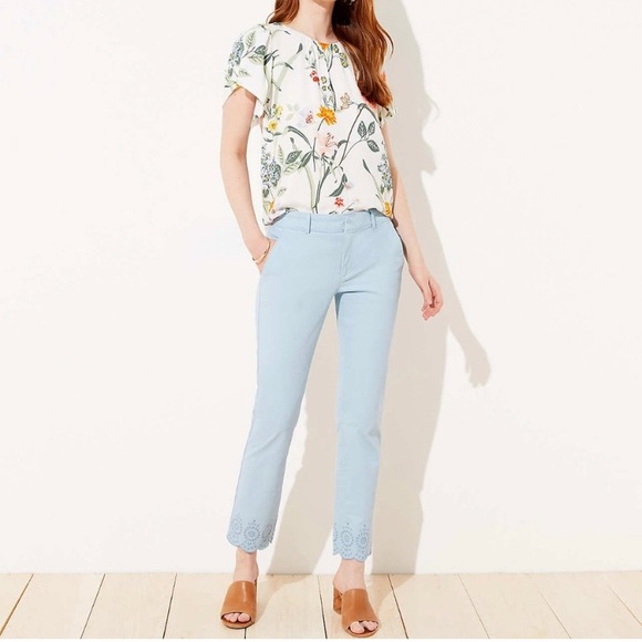 Loft petite eyelet hem girlfriend chino blue pants Size: 00p NWT - Picture 1 of 8